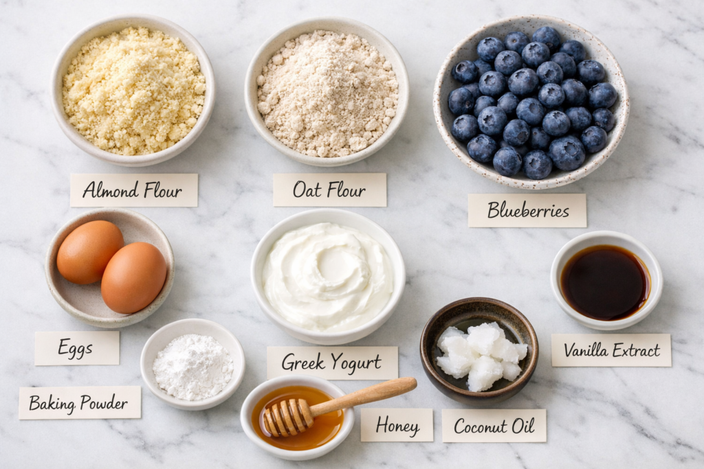 () editorial food photography showing a flat-lay overhead shot of gluten-free blueberry muffin ingredients neatly arranged