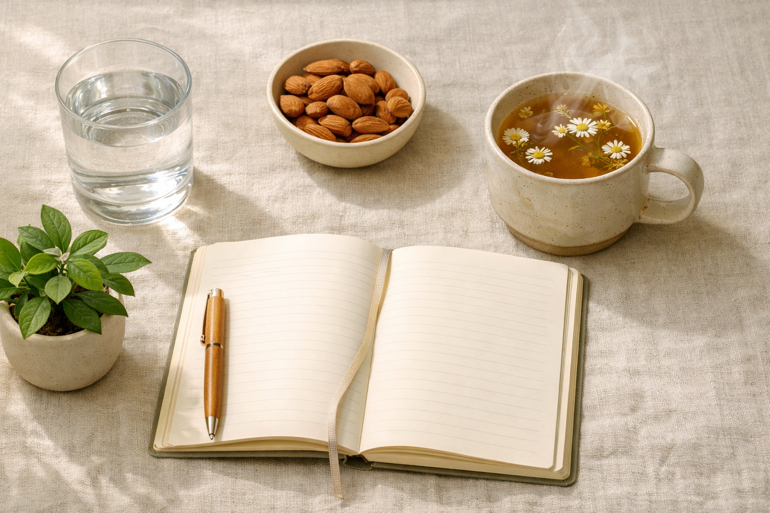 Detailed () editorial image showing a flat-lay overhead composition of a woman's energy reset toolkit on a linen surface: a
