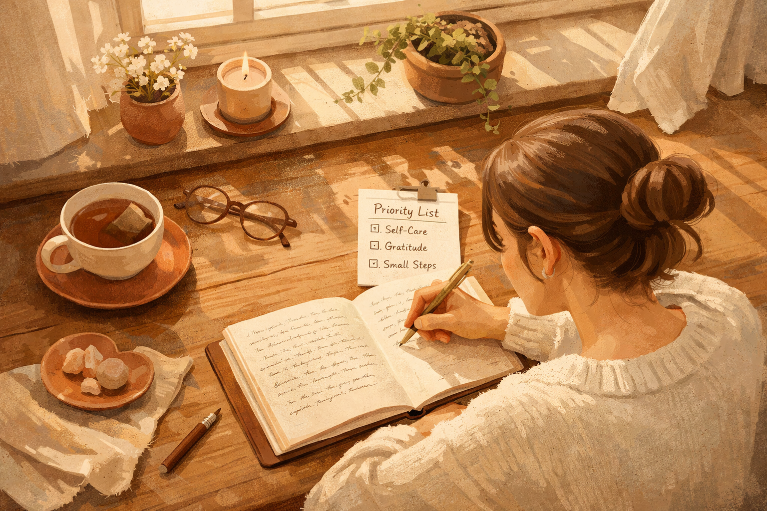 () editorial illustration showing a calm woman at a wooden desk journaling beside a window with morning light streaming in,