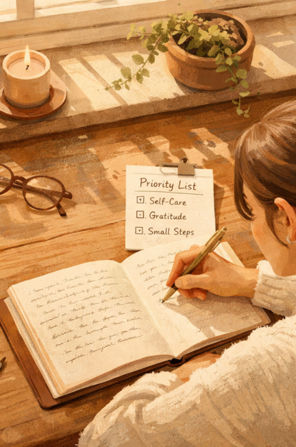 () editorial illustration showing a calm woman at a wooden desk journaling beside a window with morning light streaming in,