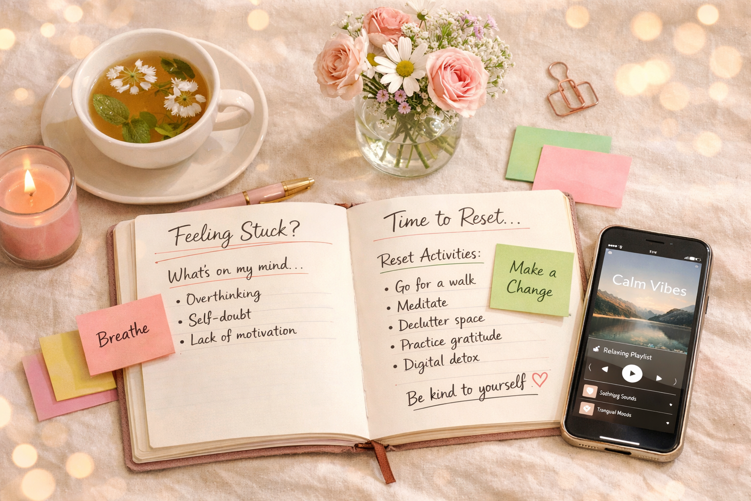 () editorial illustration showing a flat-lay overhead shot of a cozy self-care setup: open journal with handwritten lists,