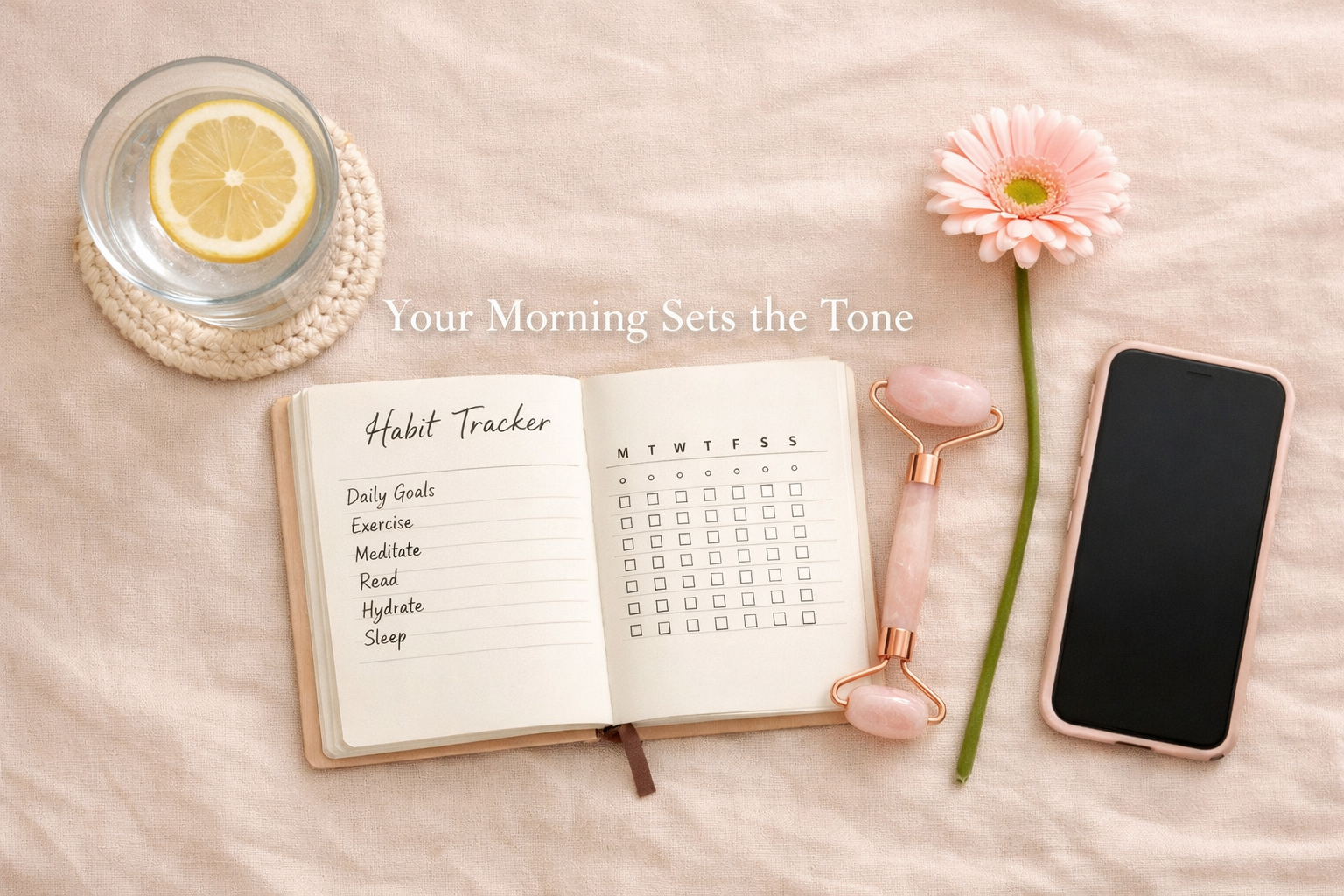 () editorial illustration showing a flat-lay overhead view of a woman's morning routine essentials: a glass of water with