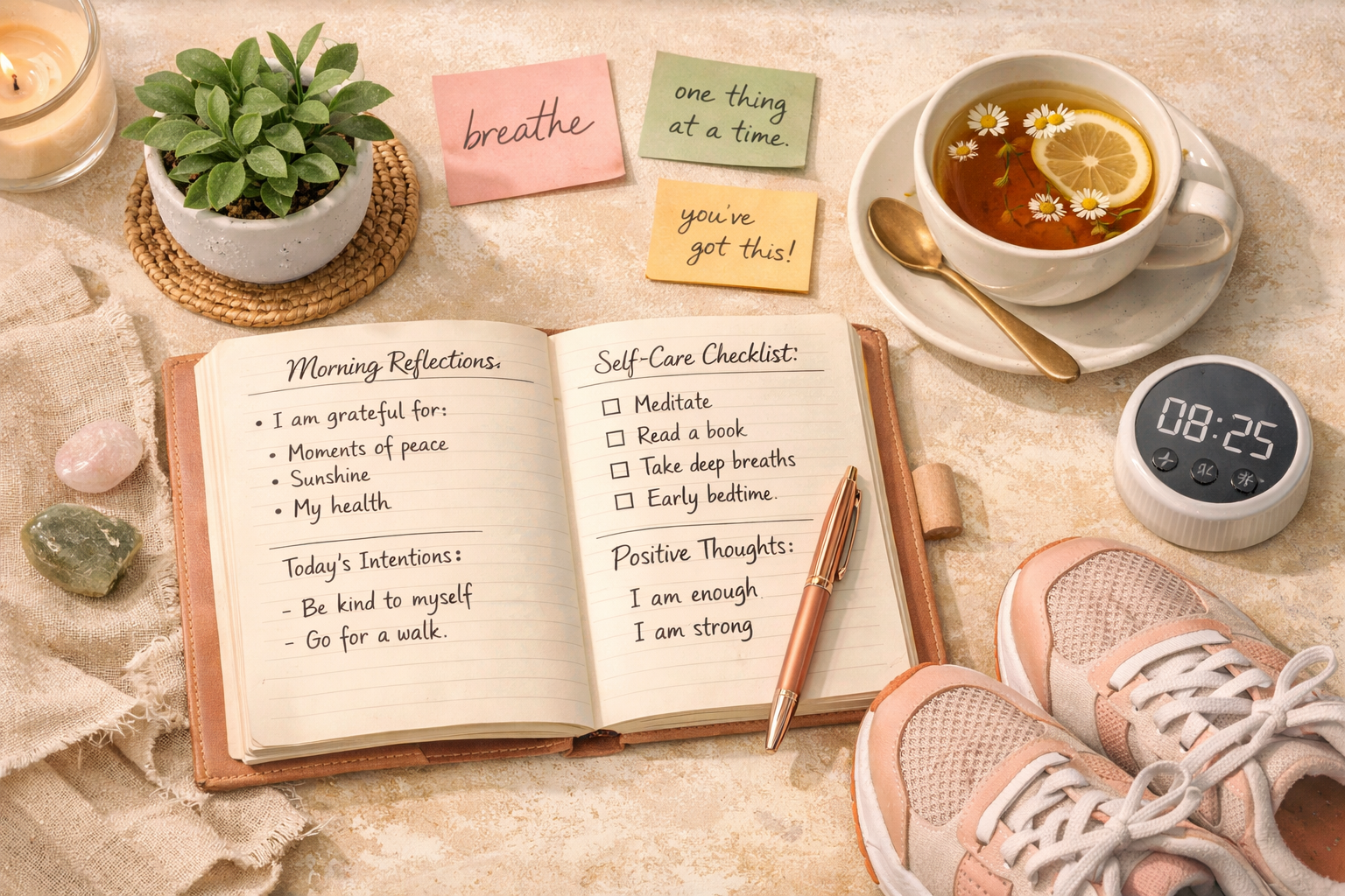 () editorial illustration showing a flat-lay overhead view of a woman's peaceful self-care setup: an open journal with