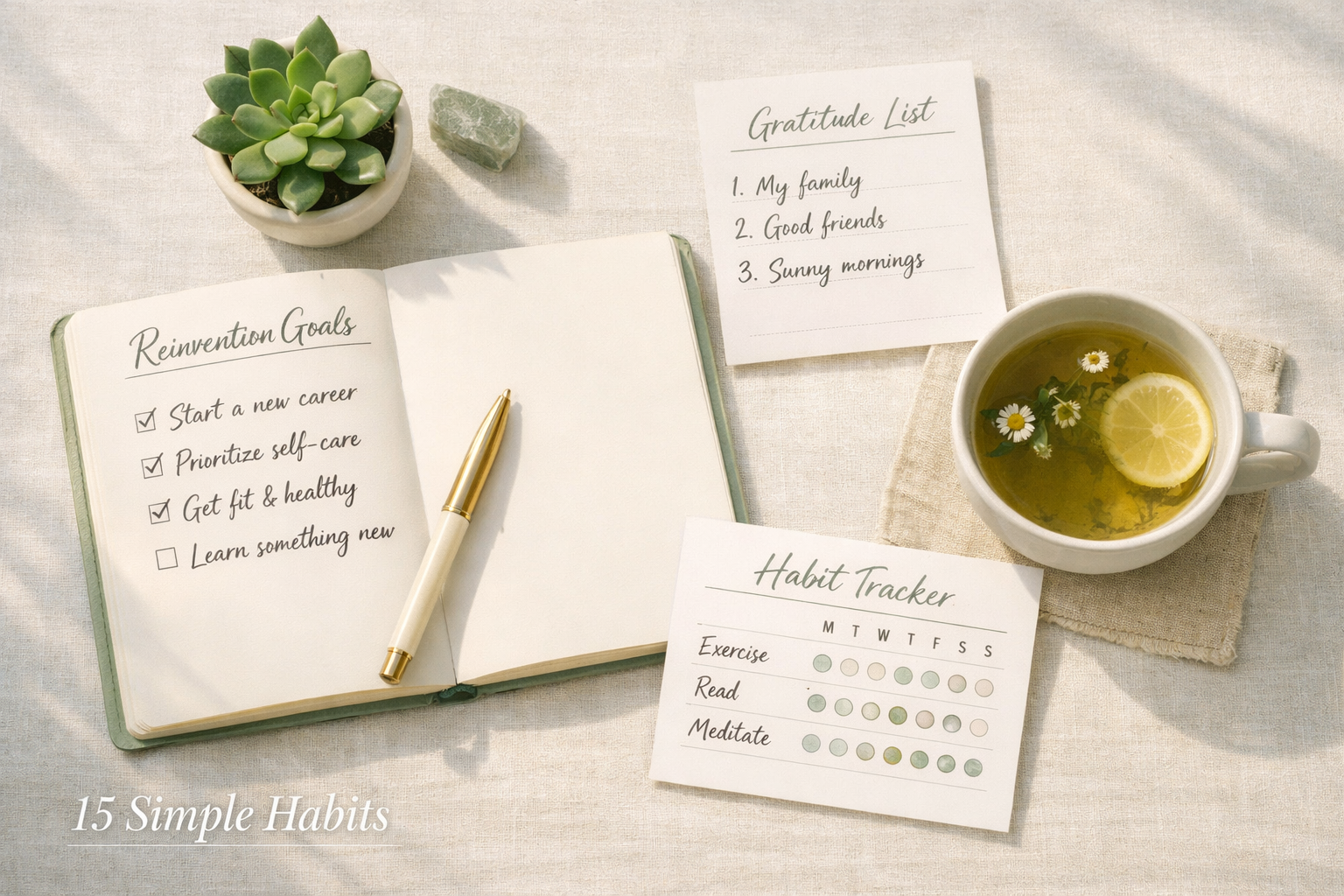 () editorial illustration showing a flat-lay overhead view of a woman's personal reinvention toolkit arranged on a light