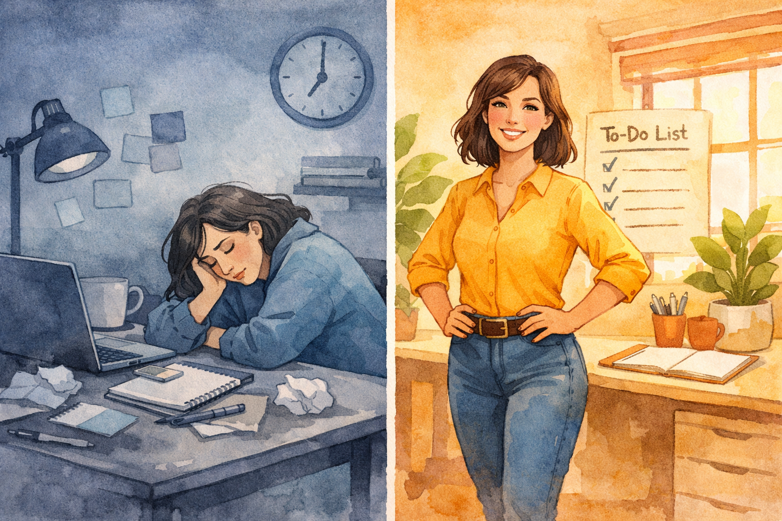 () editorial illustration showing a split-scene composition: on the left, a woman sitting slumped at a cluttered desk