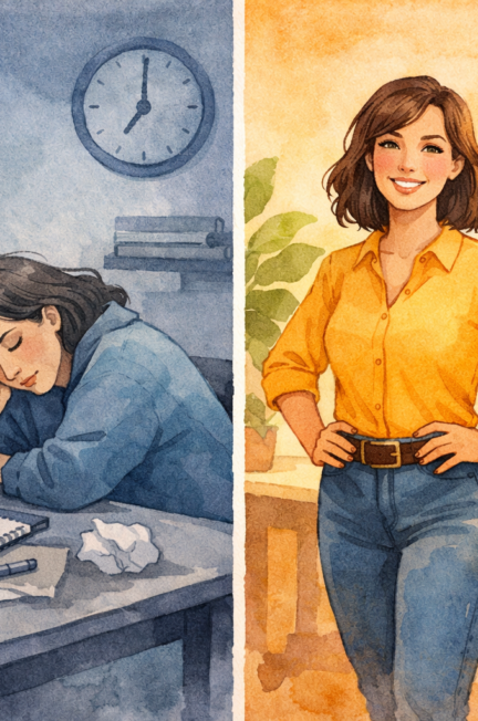 () editorial illustration showing a split-scene composition: on the left, a woman sitting slumped at a cluttered desk