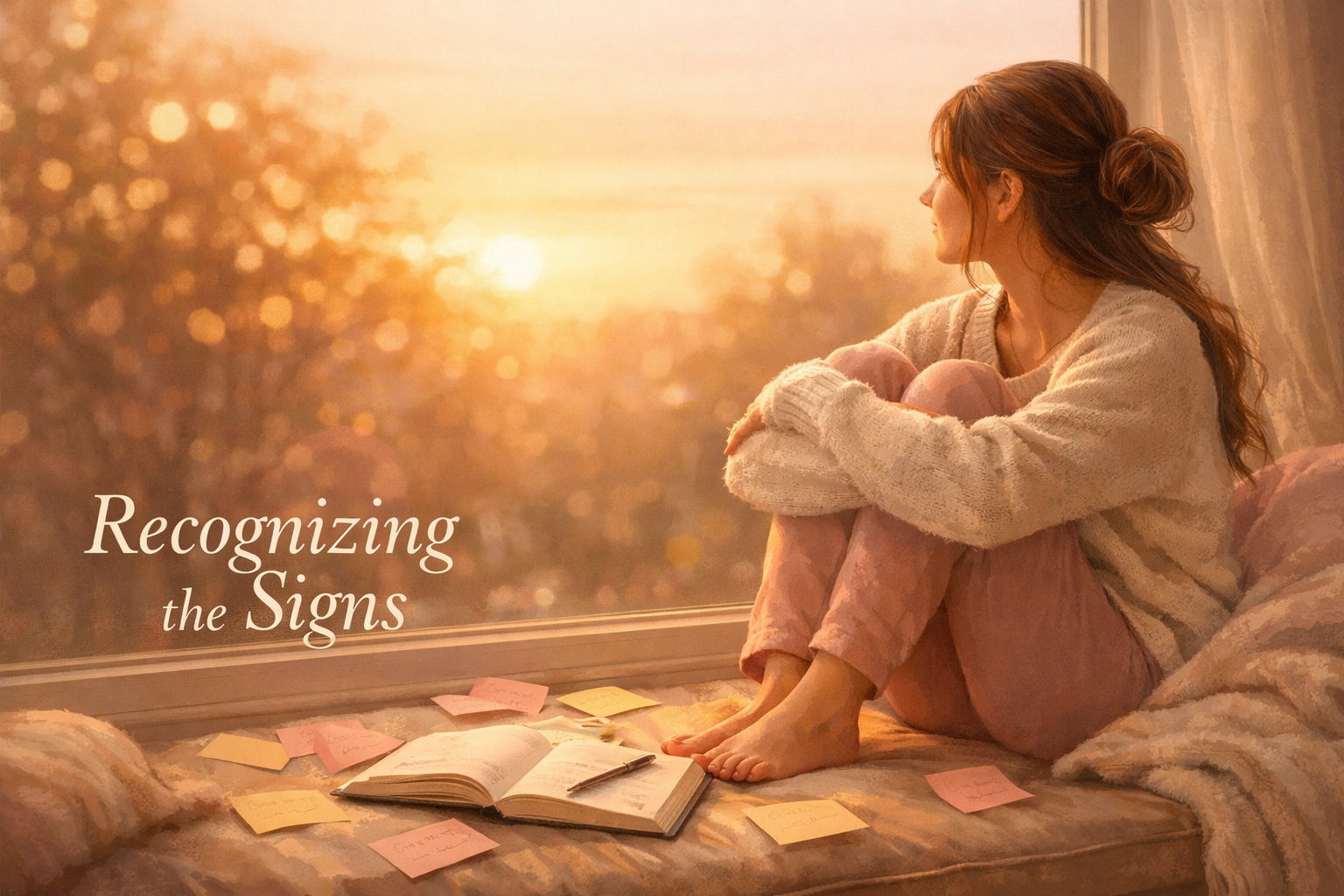 () editorial illustration showing a woman sitting cross-legged on a cozy window seat, surrounded by scattered sticky notes