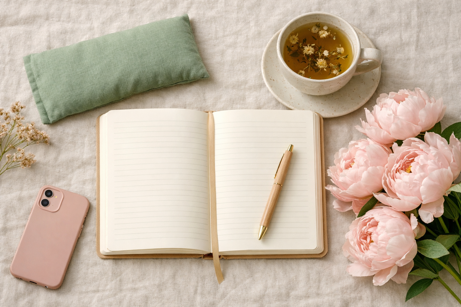 () editorial image showing a flat lay of a mental reset self-care day setup: a journal open to a blank page, a lavender eye