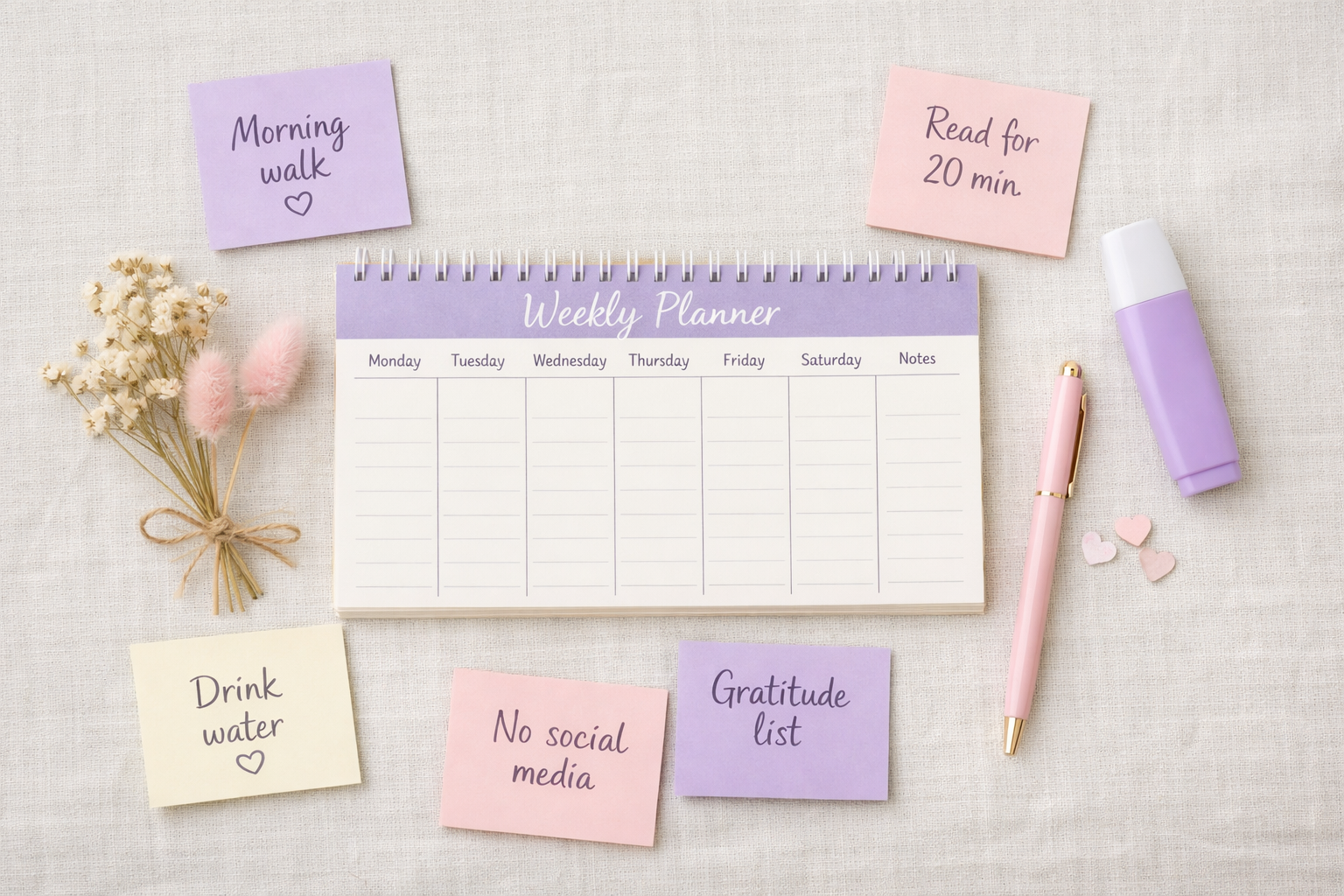 () editorial image showing a flat-lay overhead shot of a weekly planner, sticky notes with small goals written on them,