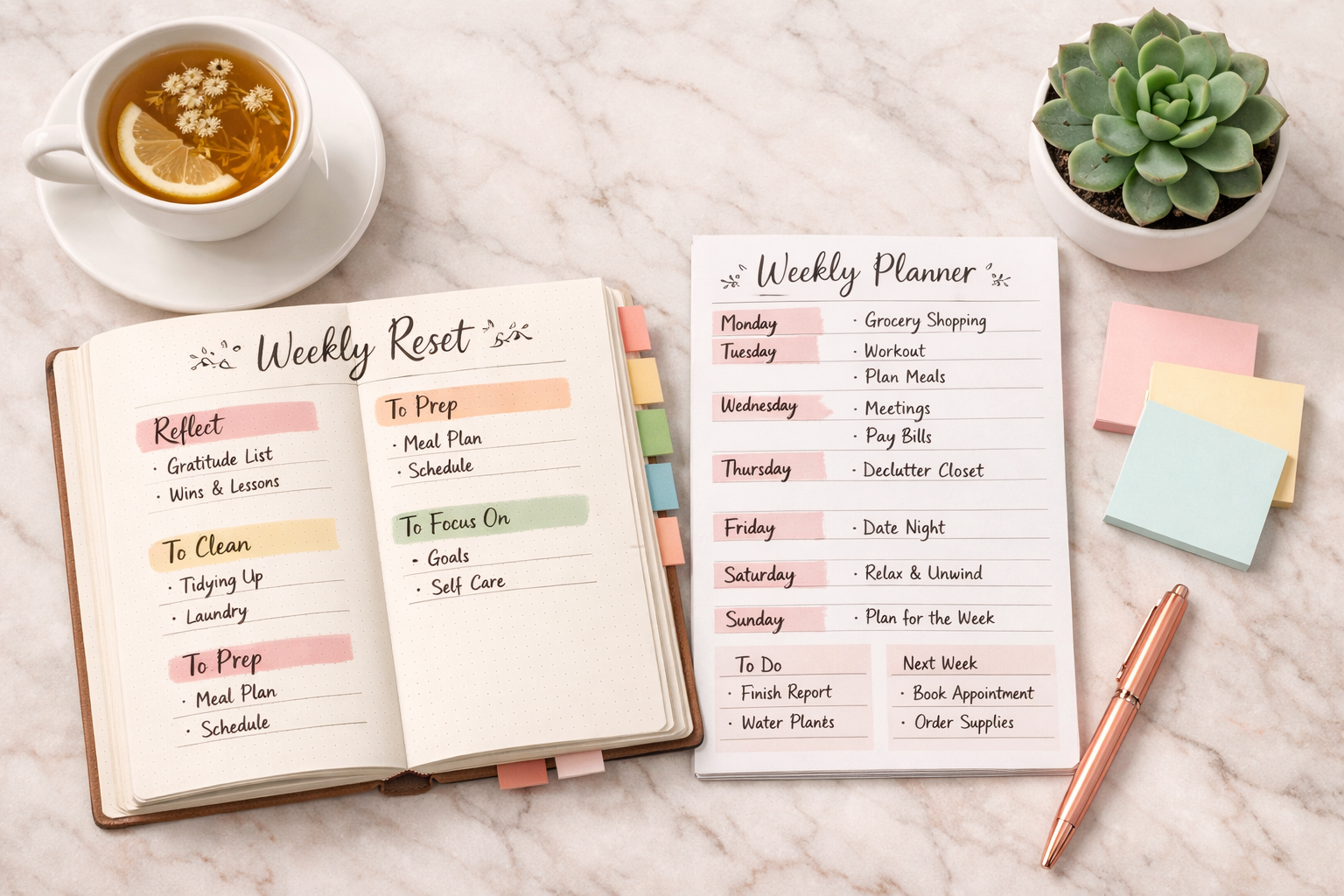 () editorial image showing a flat-lay overhead shot of a weekly reset planning spread on a light marble surface: an open