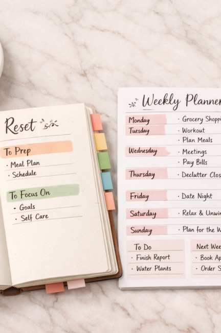 () editorial image showing a flat-lay overhead shot of a weekly reset planning spread on a light marble surface: an open