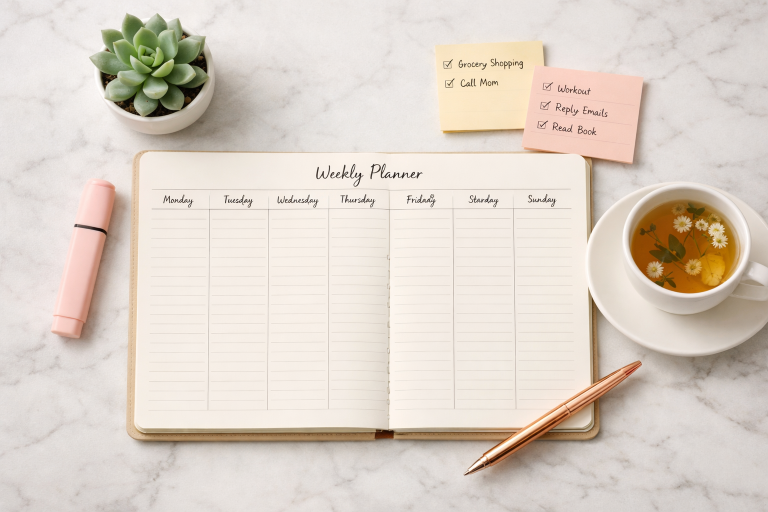 () editorial image showing a flat lay overhead shot of a well-organized weekly planner open on a marble surface, surrounded