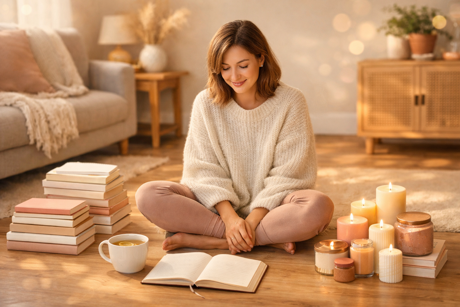 () editorial image showing a woman in a soft oversized sweater sitting cross-legged on a freshly decluttered living room
