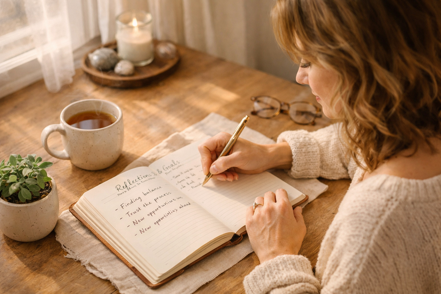 () editorial image showing a woman journaling at a cozy wooden table near a window with morning light streaming in, a warm