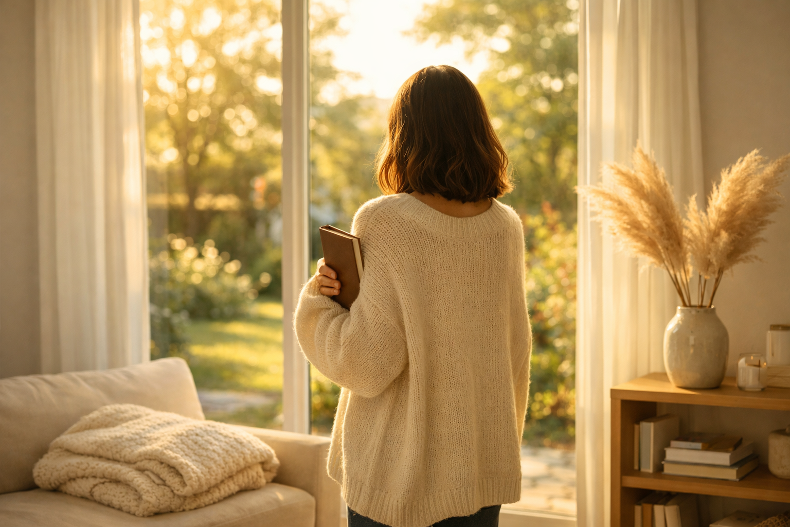 () editorial image showing a young woman from behind, standing near a large window in a bright minimalist living room,