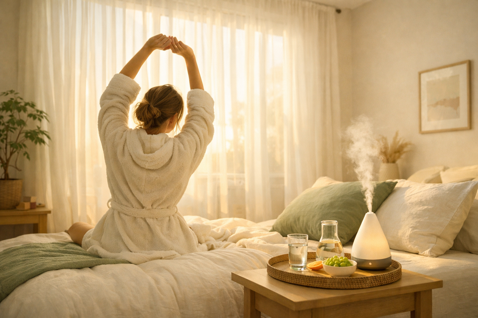 () editorial image showing a young woman in a cozy robe doing a gentle morning stretch in a bright, a diffuser releasing