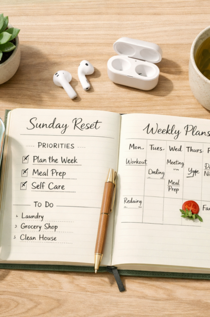 () editorial lifestyle image showing a flat-lay overhead shot of a Sunday reset planning spread on a light wood table: open