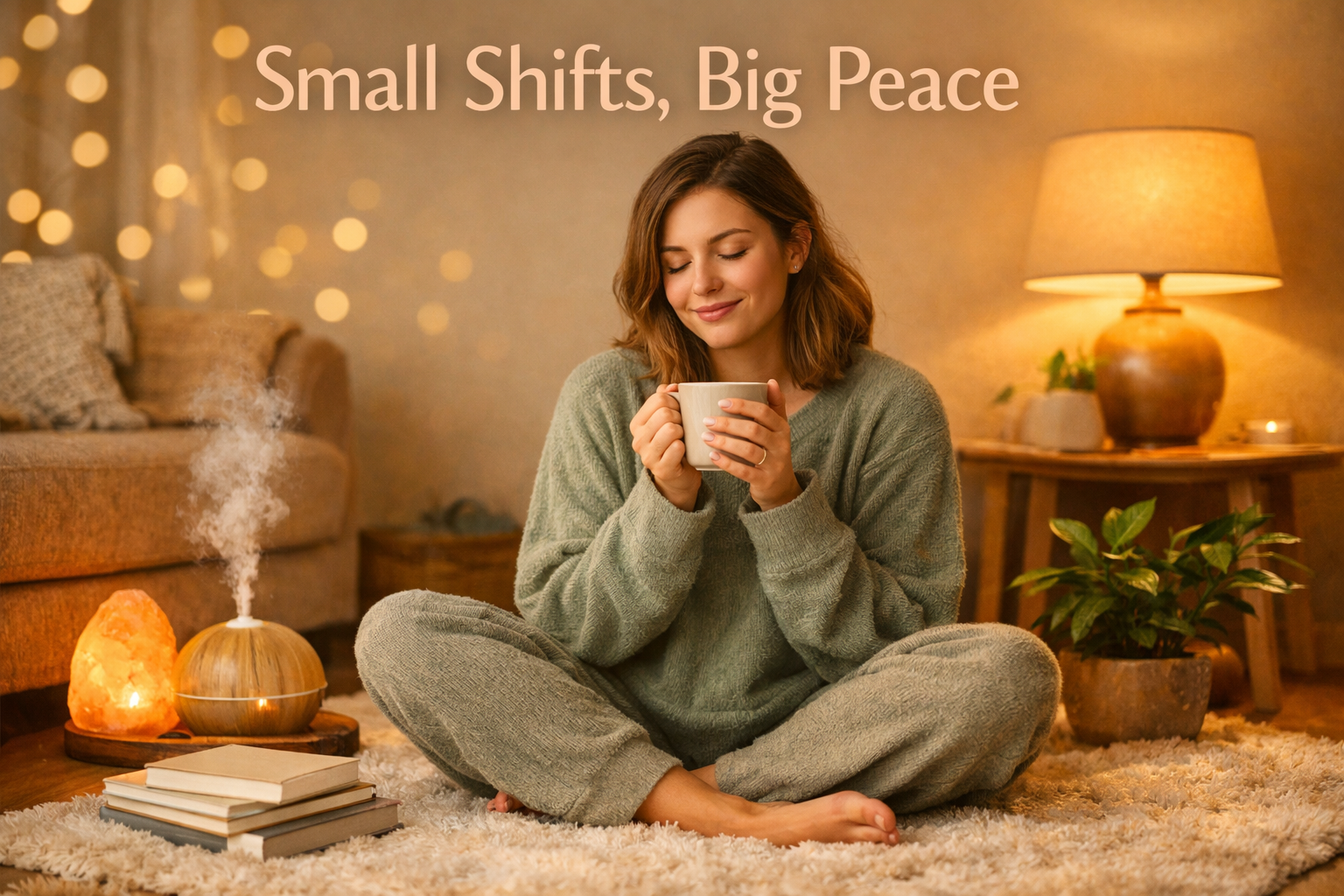 () editorial photo of a cozy living room corner with a woman in soft loungewear sitting cross-legged on a plush rug,