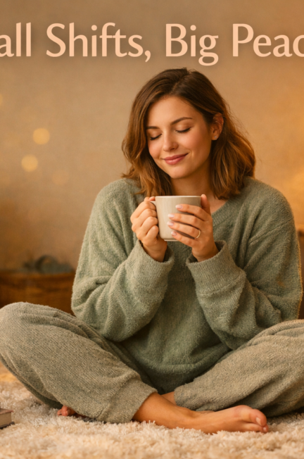 () editorial photo of a cozy living room corner with a woman in soft loungewear sitting cross-legged on a plush rug,