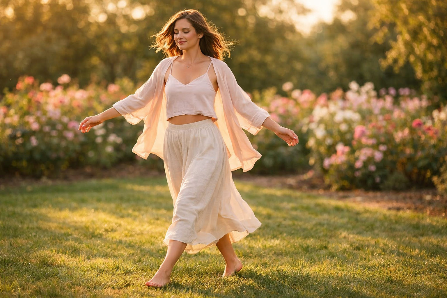 () editorial photo showing a woman outdoors in soft afternoon light, walking barefoot on grass in a flowy pastel outfit,
