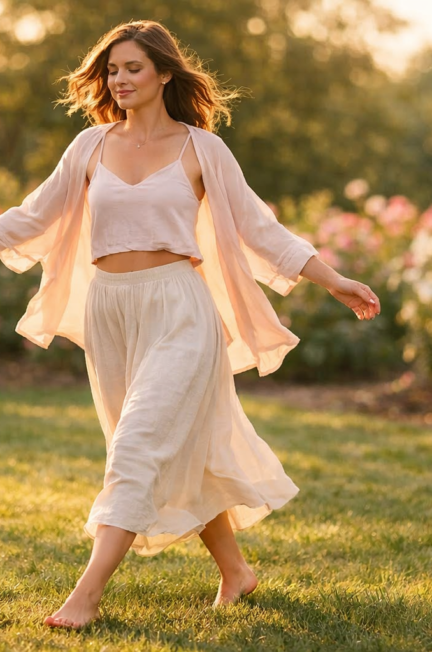() editorial photo showing a woman outdoors in soft afternoon light, walking barefoot on grass in a flowy pastel outfit,