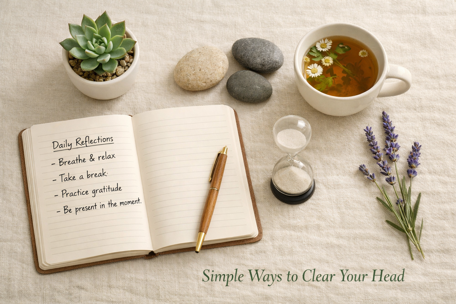 () editorial wellness image showing a flat lay of mental reset tools arranged on a linen surface: an open journal with