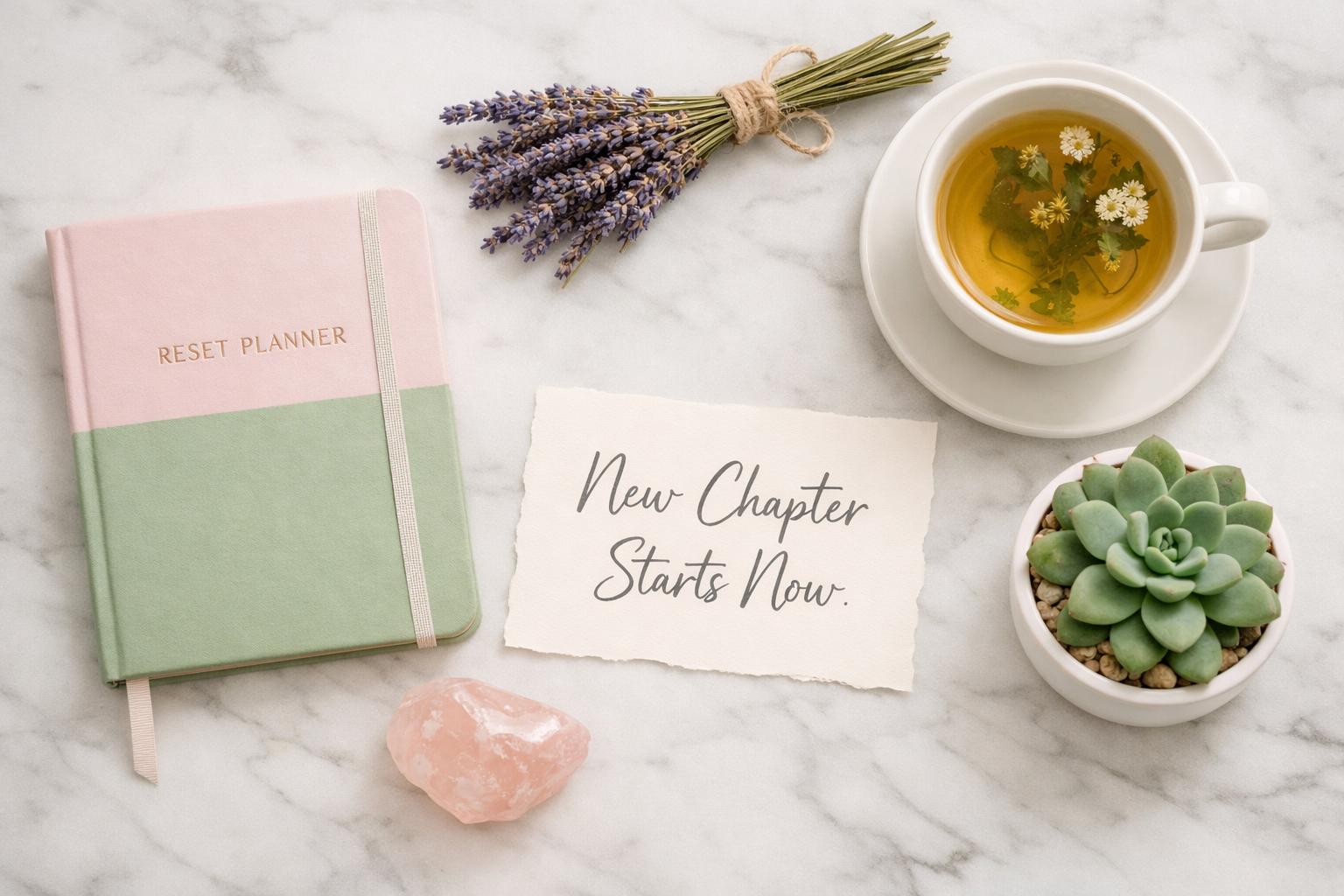 () flat-lay editorial photo of a life reset toolkit arranged on a white marble surface: a pastel planner, a bundle of dried