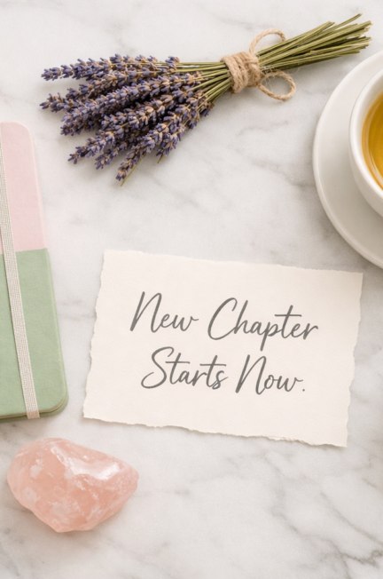 () flat-lay editorial photo of a life reset toolkit arranged on a white marble surface: a pastel planner, a bundle of dried